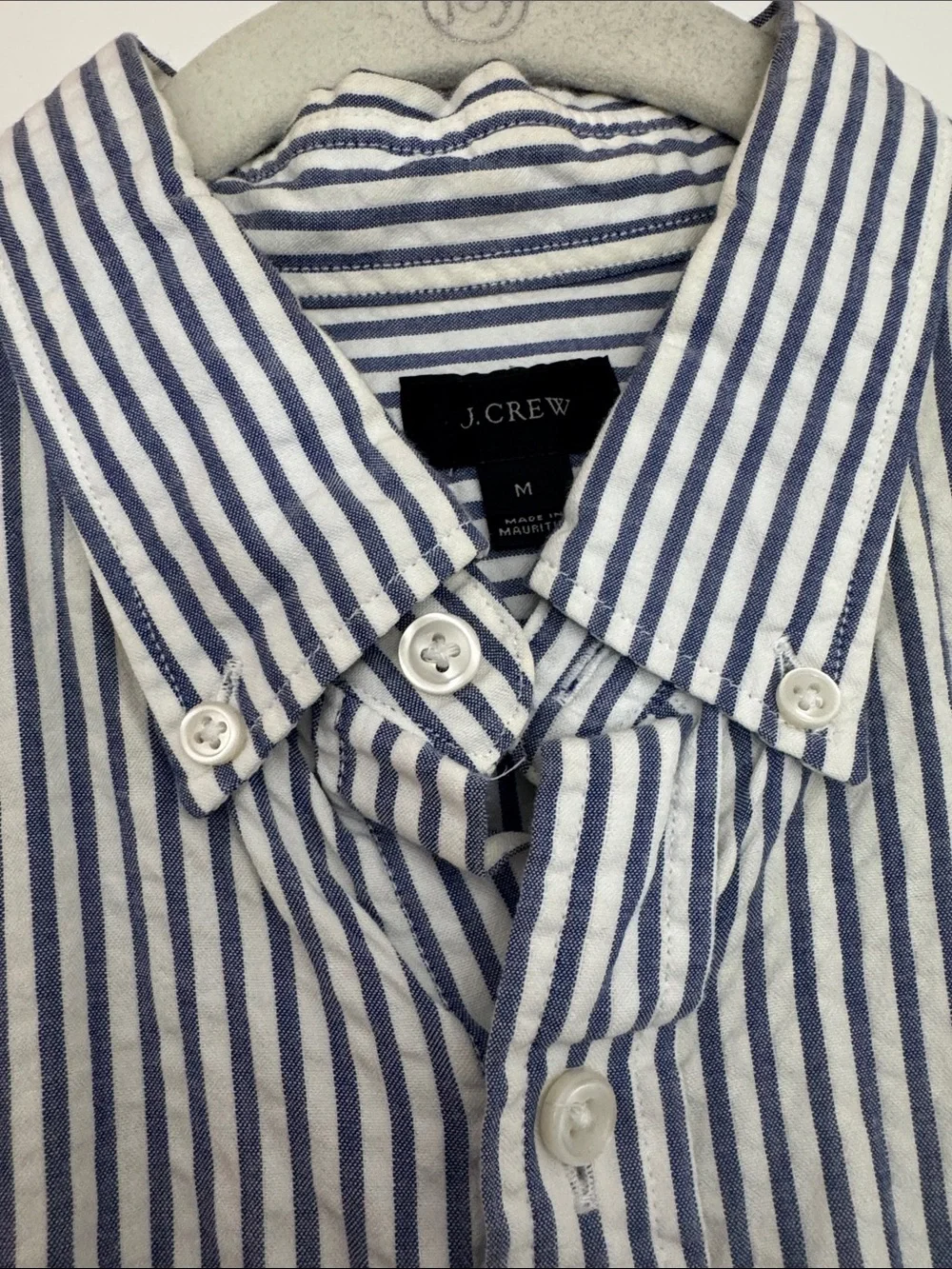 J. Crew Men’s Blue and White Striped Seersucker Button-Down Shirt